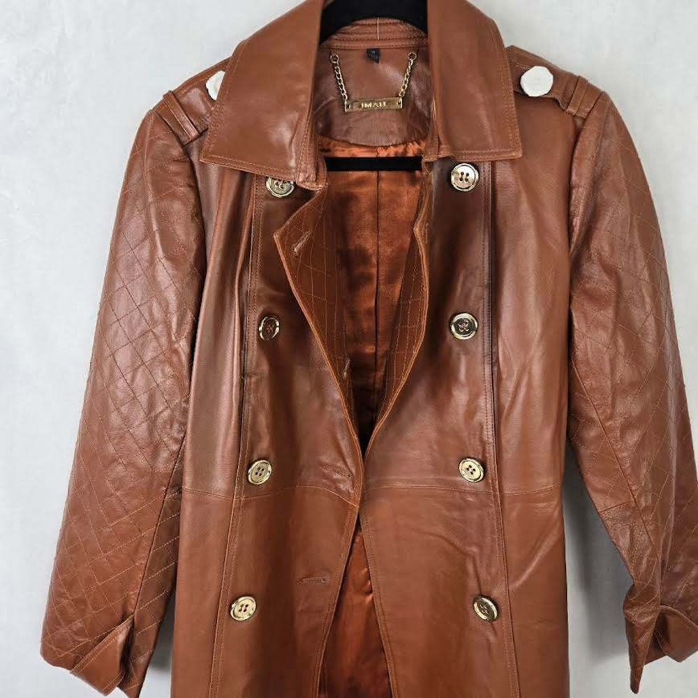 Women's Brown Leather Double-Breasted Trench Coat - Picture 3 of 11